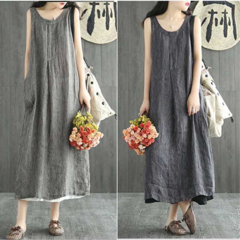 2024 Amazon Ebay Hot Selling One-Shoulder Linen Mid-Length Stripesd Dress Loose Sleeveless Summer Women's Clothing