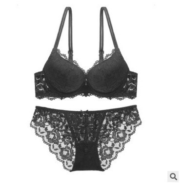 Lace top thin and bottom thick double spaghetti straps deep v push-up women's underwear sexy lace bra set 15122
