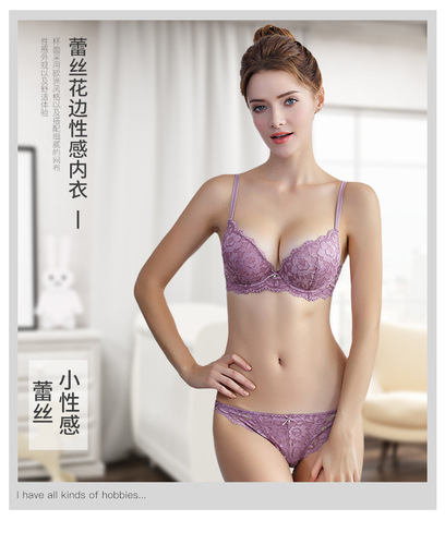 Lace top thin and bottom thick double spaghetti straps deep v push-up women's underwear sexy lace bra set 15122