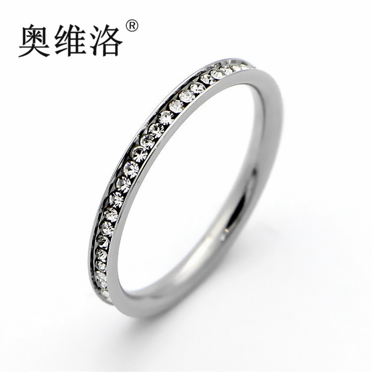奥维洛韩版精美细巧单戒银色满钻设计钛钢女戒指时尚潮流尾戒单戒