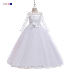 2024跨境長款兒童禮服歐美長袖蕾絲繡花公主裙女童婚紗禮服裙長