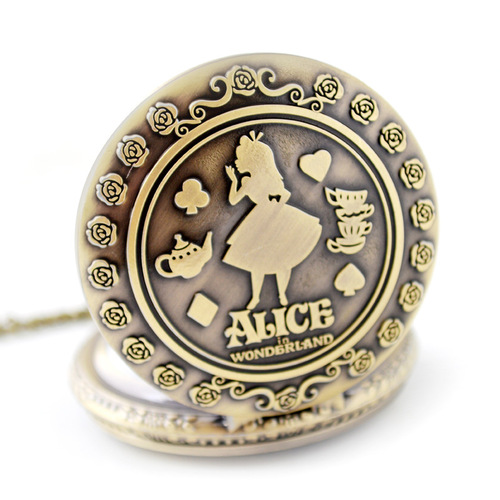Boshiya foreign trade hot-selling European and American vintage Alice in Wonderland bronze quartz pocket watch wholesale necklace hanging watch