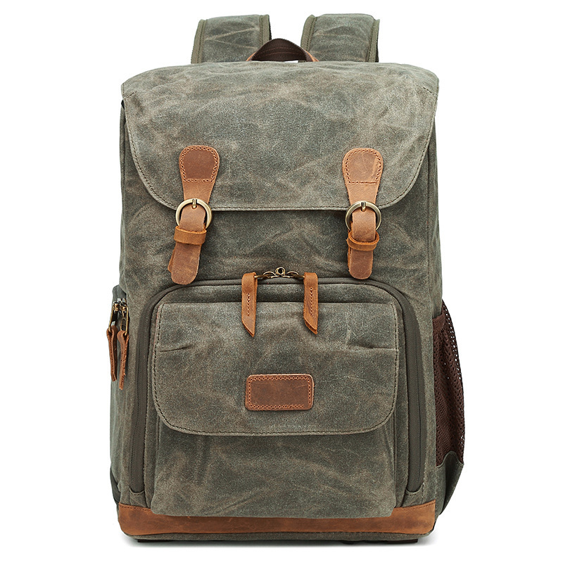 Cross-Border Canvas Bag Camera Bag Cowhide Backpack Photography Bag Slr Casual Bag Canon Nikon Men's and Women's Outdoor Backpack