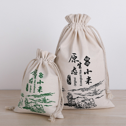 In-stock cloth rice bags: 5-pound millet bags, 10-pound rice packaging bags, and bulk wholesale canvas flour bags with drawstring closures.