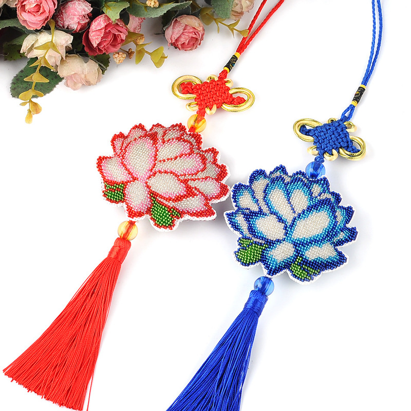 Blue Lotus Print Car Pendant Decoration Bead Embroidery Cross Stitch Beads Peaceful Blessing Red Lotus Handmade Materials