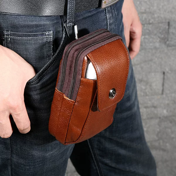 Multifunctional 6.5inch Genuine Leather Three-Layer Belt Phone Waist Bag, New Style Cowhide Vertical Phone Bag Coin Purse