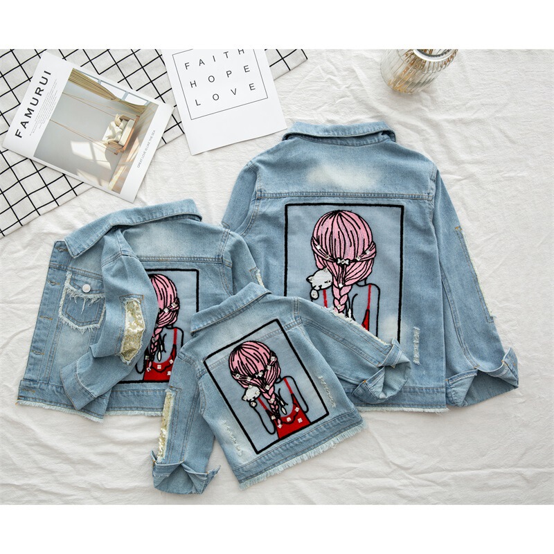 Children's Clothing Rhinestone Girls' Sequins Broken Hole Clothes Children's Denim Clothes Beauty Figure Girl's Jacket Denim Jacket