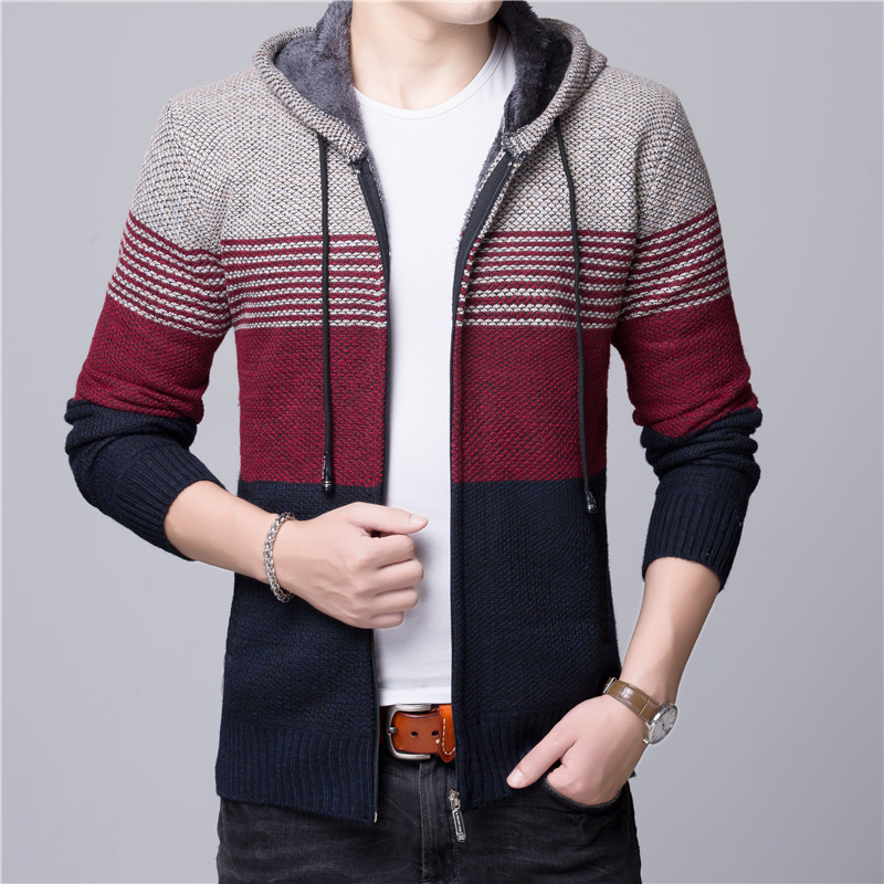 Suministro transfronterizo Amazon eBay Plus tamaño forrado de lana caliente de manga larga con capucha cremallera de punto cardigan abrigo de suéter de los hombres