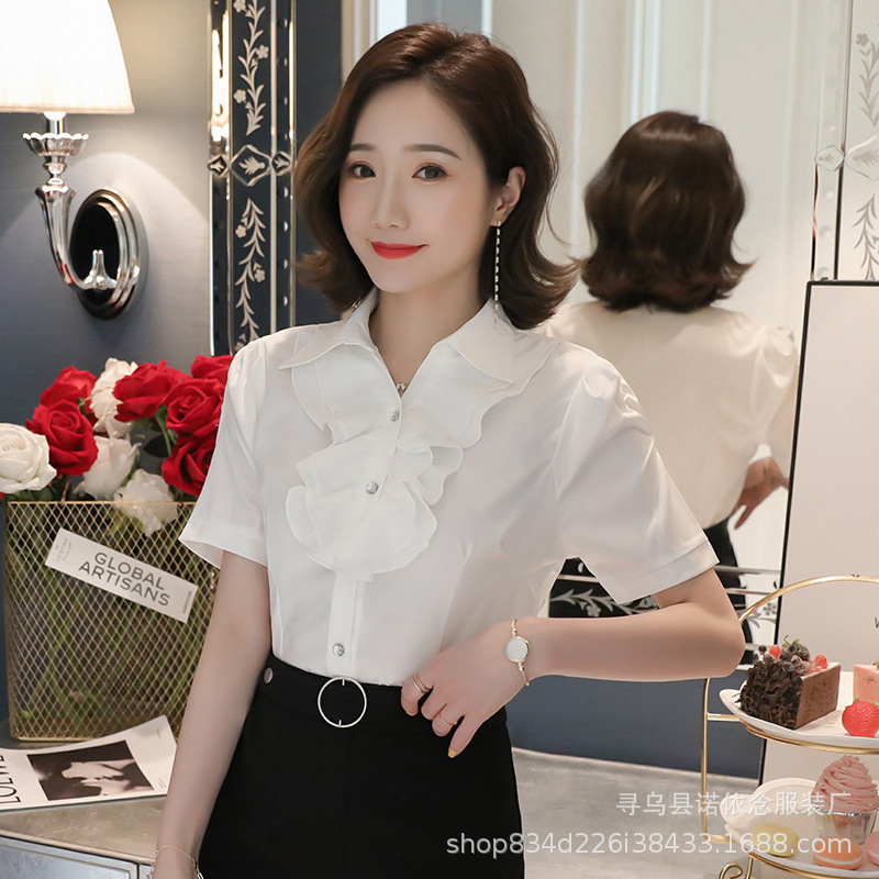 New Women's Korean Style Spring and Summer Ruffled Lace White Short-Sleeved Shirt for Women Professional Slim Ol Shirt for Women