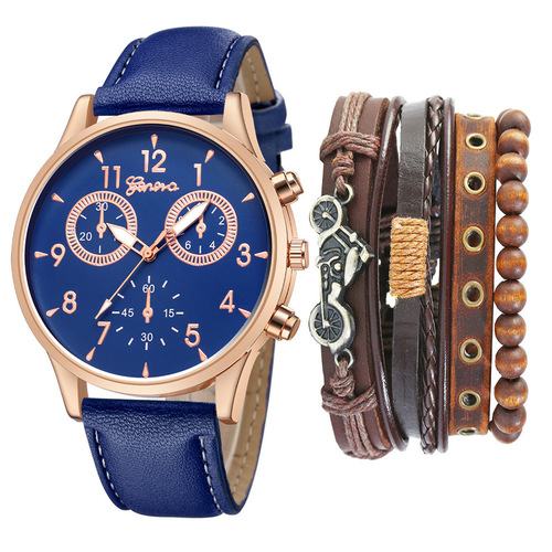 Watch set men's fashionable casual two-eye belt quartz watch + bicycle punk bracelet 5pcs/set