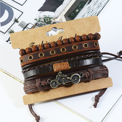 Watch set men's fashionable casual two-eye belt quartz watch + bicycle punk bracelet 5pcs/set