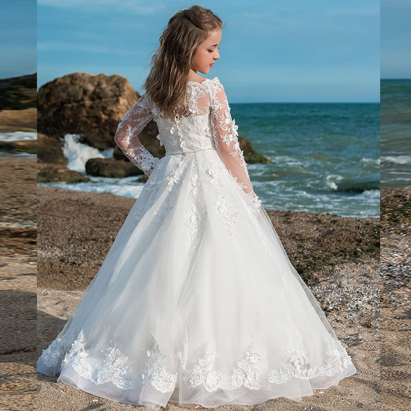 Girls' Princess Dress White Tulle Gown For Flower Girl Wedding Evening Children's Piano Performance Costume_voghion.com