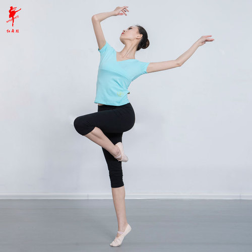 Red dance shoes, thin cotton women's adult dance tight-fitting short-sleeved tops for practicing dance cross-fitting group clothes 3844