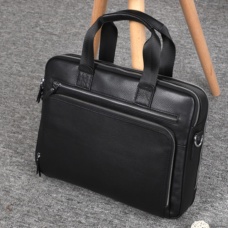 Túi công văn da bò lớp đầu dung tích lớn 38×28×8 cm, túi xách tay đeo chéo một vai cho nam, đựng được laptop 14 inch — Màu đen