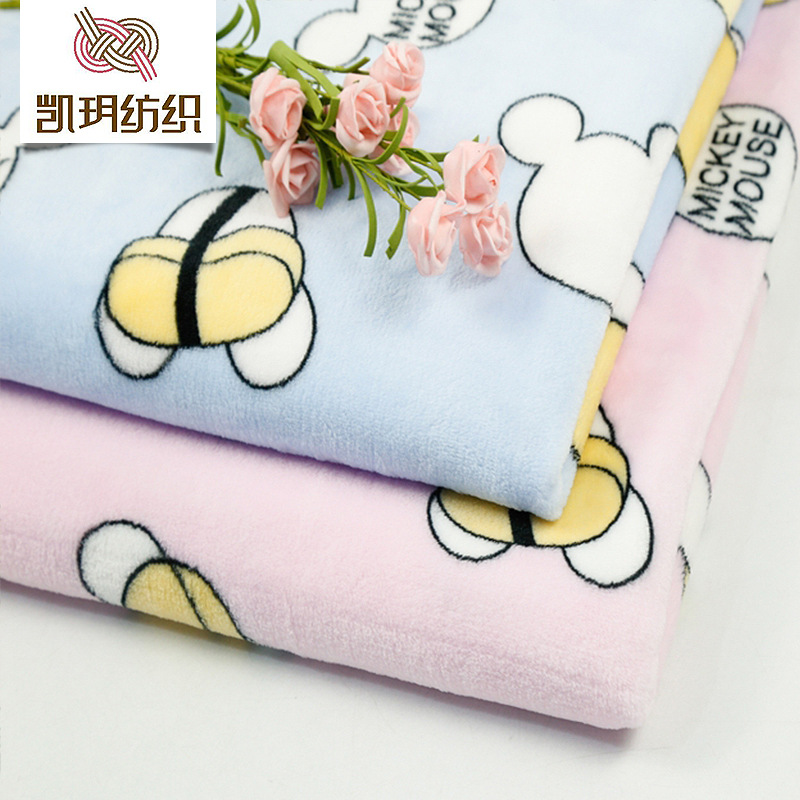 现货供应卡通法兰绒珊瑚绒面料米奇印花绒布床单睡衣面料厂家直销