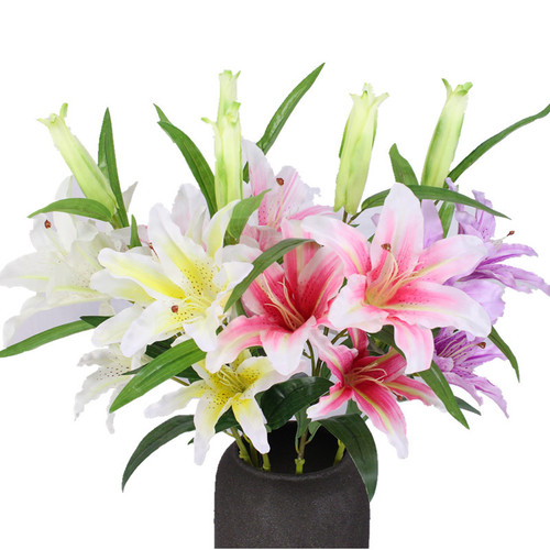 Supplier offers artificial lilies, single stem with 3 flowers and 1 bud, suitable for wedding, home, photography, and decoration, faux flowers