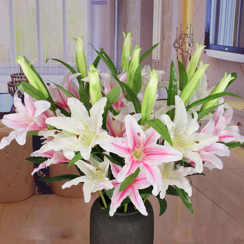 Supplier offers artificial lilies, single stem with 3 flowers and 1 bud, suitable for wedding, home, photography, and decoration, faux flowers
