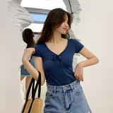 枫之缘 Летняя сексуальная цветная приятная телу футболка с коротким рукавом, облегающий крой, V-образный вырез, по фигуре