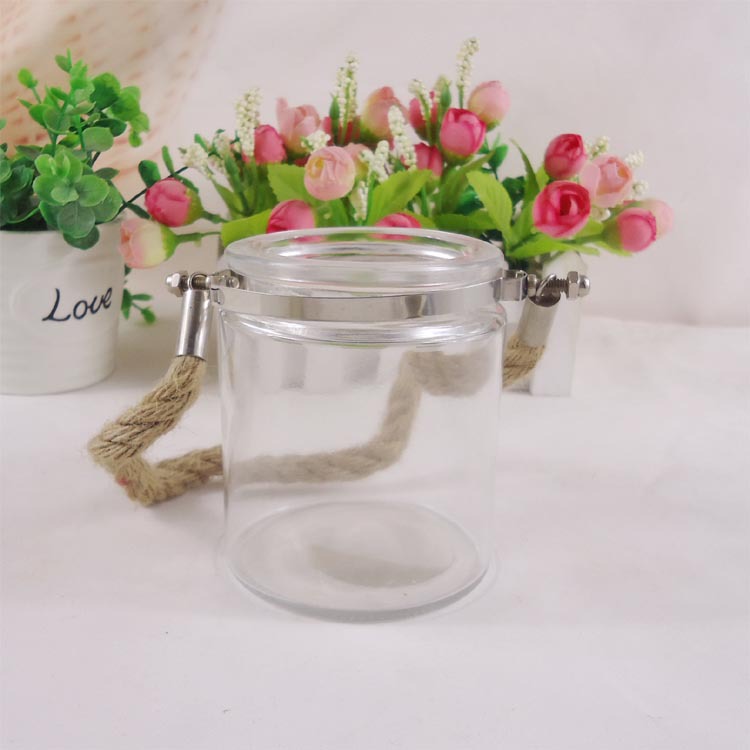 厂家直销透明提绳蜡烛瓶 玻璃蜡烛罐9*7玻璃烛台玻璃瓶