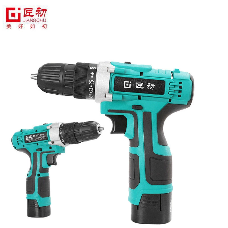 Электрическая ручная дрель Jiangchu, ударная дрель-шуруповерт пистолетного типа с литий-ионным аккумулятором, бытовой аккумуляторный шуруповерт, электрическая отвертка с высокой скоростью вращения.