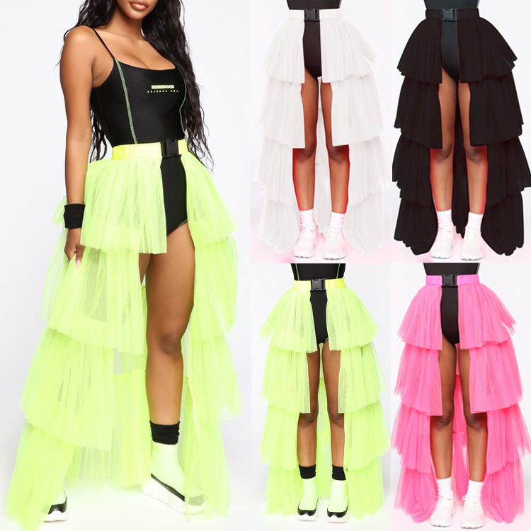 Party Holiday Style Long Skirt Sexy Mesh Splicing See-Through Skirt Puffy Skirt Umbrella Skirt Skirt 1834 Large Hem
