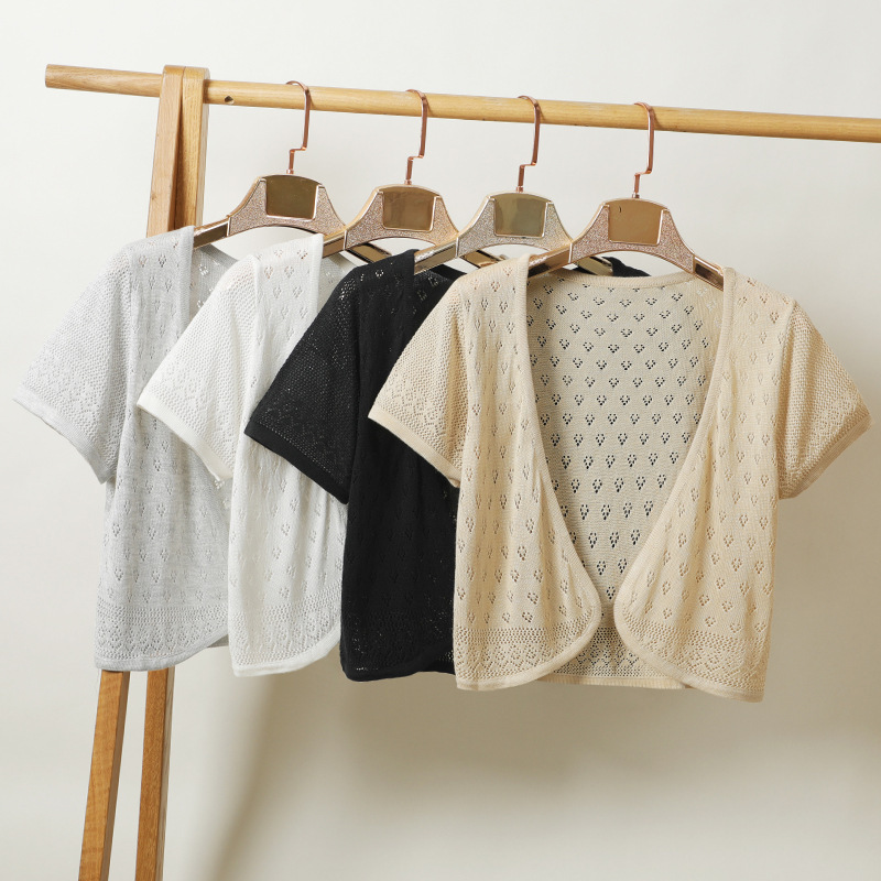 Korean-style Summer Short-sleeved Outer Waiver Small Shawl Women's Thin Short Jacket Hollow Knitted Cardigan Large Size Waistcoat Air-conditioning Shirt