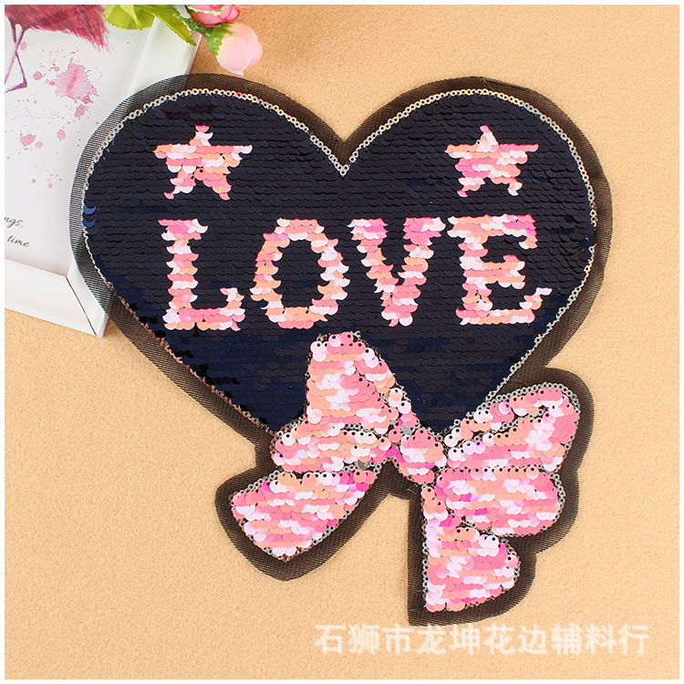 厂家批发蝴蝶结爱心款珠片熨烫布贴 服装辅料补丁贴布 亮片刺绣贴