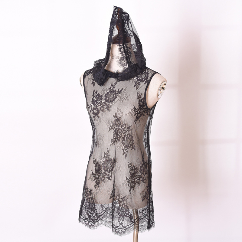 New lace women's versatile base layer sweet lace hooded inner layer hollowed-out very fairy-like stylish sexy see-through dress