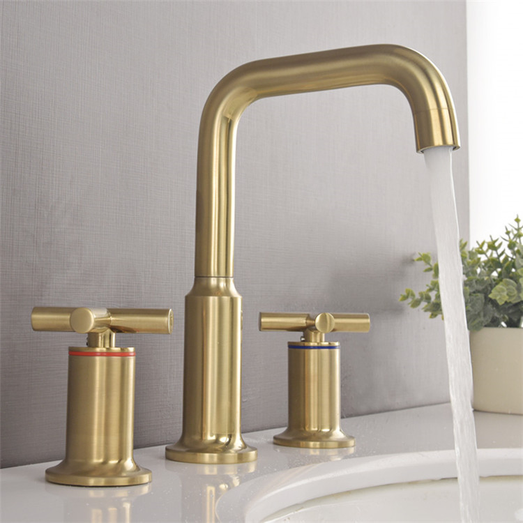 Brushed gold antique split basin faucet double handle three-hole all-copper cross handle washbasin faucet FT1003