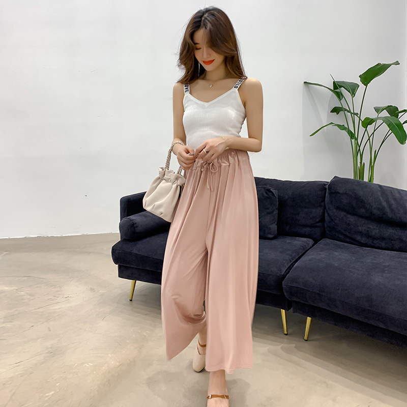Spring and Autumn New Women's Loose High Waist Casual Wide Leg Pants Modal Elastic Waist Nine-Point Pants Shake Pants
