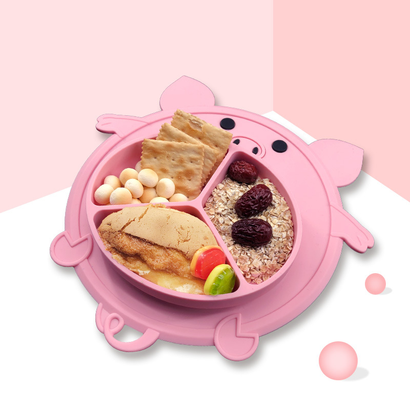 可爱卡通动物辅食训练一体式分格宝宝餐盘方便儿童硅胶小猪猪餐垫