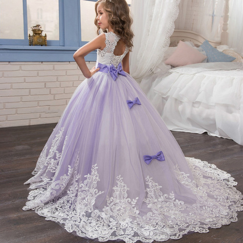 2024 Children's Evening Dresses Net Lace Princess Wedding Dress with Tulle Tail and Beads for Girls 