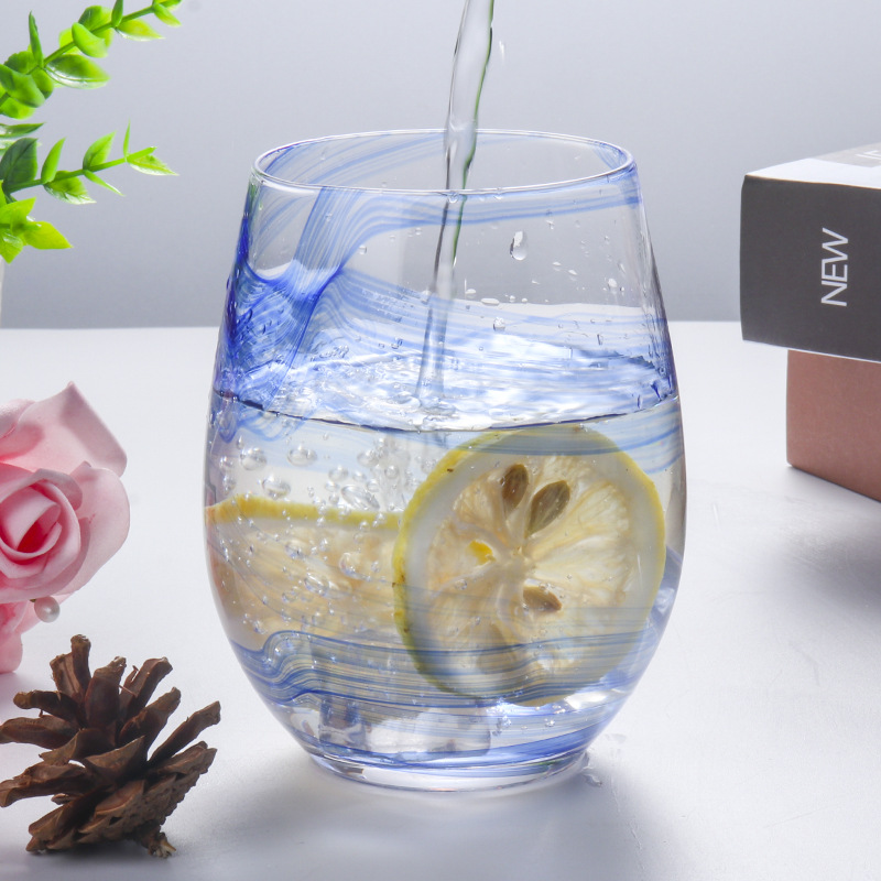 Lu Jing Nordic ins estilo Simu taza de nieve patrón de agua azul taza de vientre grande en forma de huevo jugo de vidrio taza de agua mousse taza de huevo