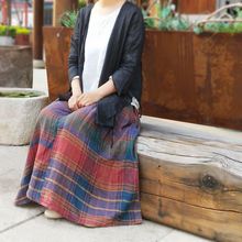 9525-3亚麻格子半裙色织女士大裙摆半身裙