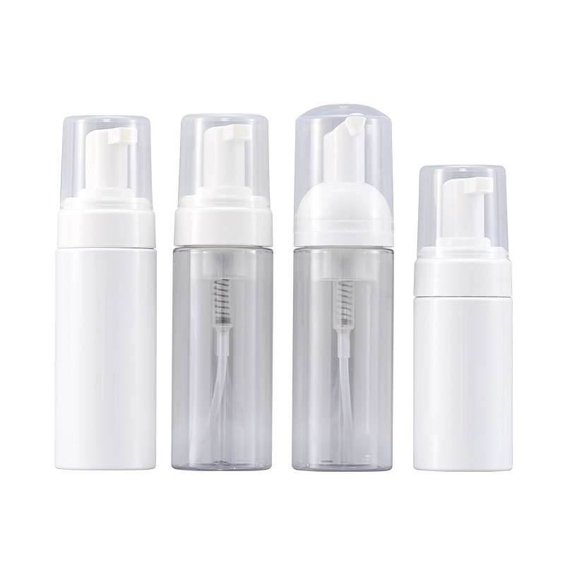 Envases cosméticos en stock, botella de espuma de 100-150 ml, botella dispensadora de PET blanca transparente, botella de plástico vacía.