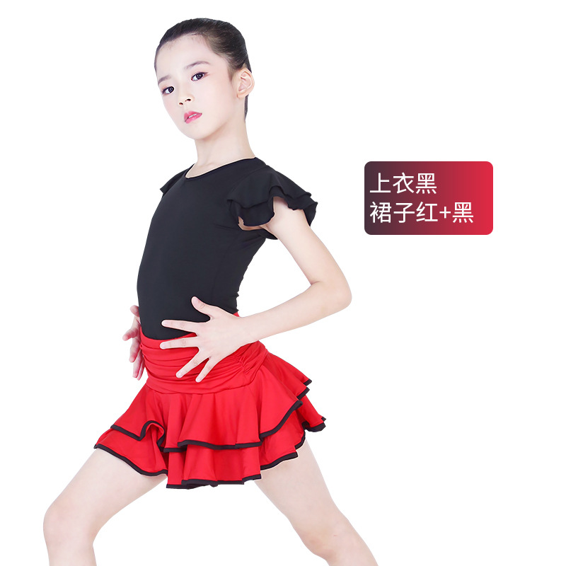 En stock de los niños traje de manga corta Doble cuello en V falda Latina delgada los niños ropa práctica de la danza