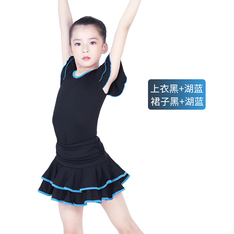 En stock de los niños traje de manga corta Doble cuello en V falda Latina delgada los niños ropa práctica de la danza