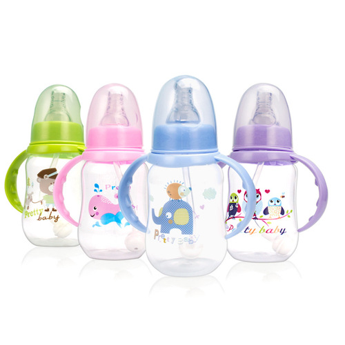 新生儿PP奶瓶 带手柄宝宝奶嘴瓶 150ML塑料防摔婴儿奶瓶母婴厂家