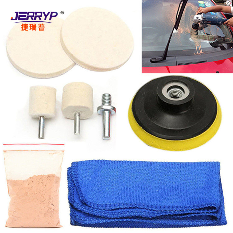 Rueda de lana de 3 pulgadas, herramienta de pulido de vidrio templado para ventanas de automóviles, juego de 8 piezas con polvo de pulido de óxido de cerio