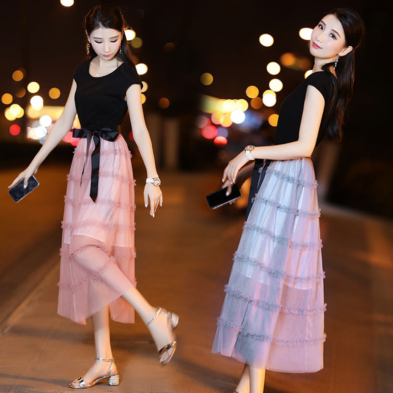 Papaya Milk Elegant Mesh Dress Summer Mid-Length New Korean Style Slimming Look Gentle Waist Fairy Long Skirt Trendy Papaya Milk Elegant Mesh Dress Summer Mid-Length New Korean Style Slimming Look Gentle Waist Fairy Long Skirt Trendy