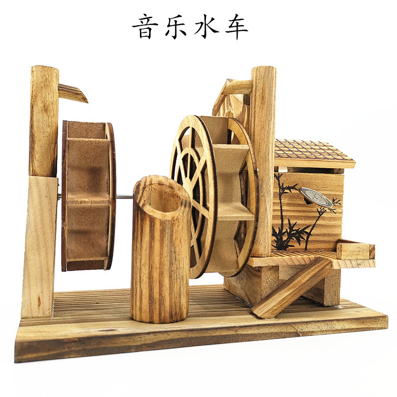 复古音乐水车木制模型双轮音乐水车发条玩具儿童木制音乐盒批发