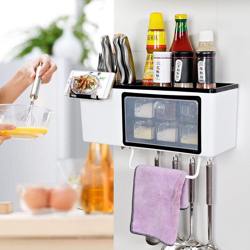 Kitchen Department Store Multifunctional Storage Rack Wall-Mounted Punch-Free Storage Knife Holder Desktop Plastic Seasoning Box Creative