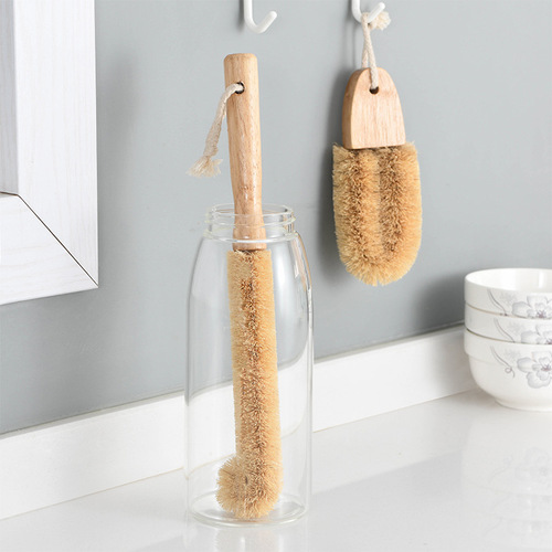 Japanese coconut palm cup washing brush long handle bottle brush kitchen cup washing brush extended glass cup cleaning brush