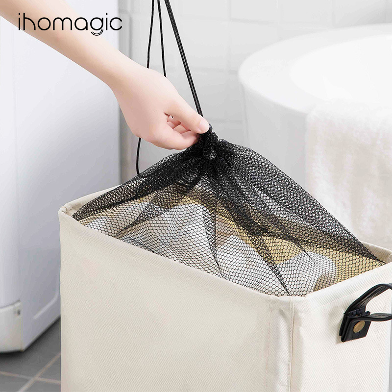 Cesta de almacenamiento de malla estrecha estilo japonés con cordón, organizador de ropa sucia, bolsa para ropa sucia con ruedas, caja de almacenamiento.