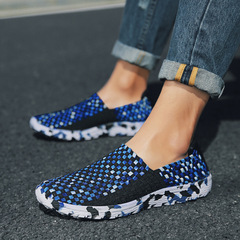 新款2021春秋新款彈力編織鞋男鞋 休閒布鞋樂福鞋一腳懶人蹬鞋子