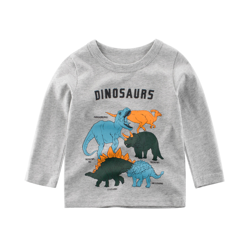 2023 otoño ropa para niños al por mayor Camiseta de manga larga para niños camisa de fondo de algodón para niños ropa de bebé patrón de dinosaurio ins