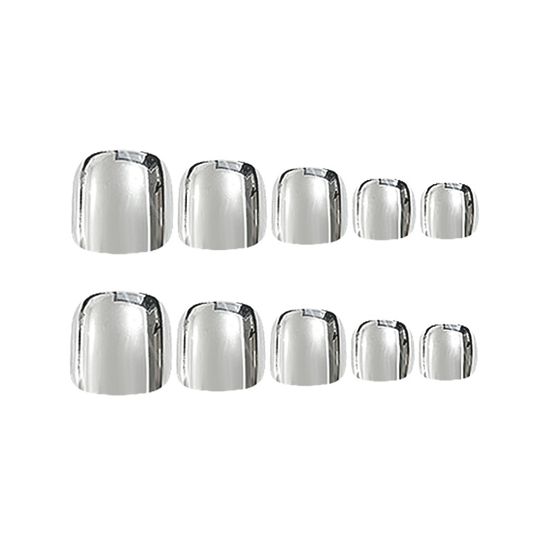 Uñas postizas cortas de metal plateado, estilo dulce y fresco, parches de uñas desmontables, uñas postizas, piezas de uñas terminadas al por mayor.