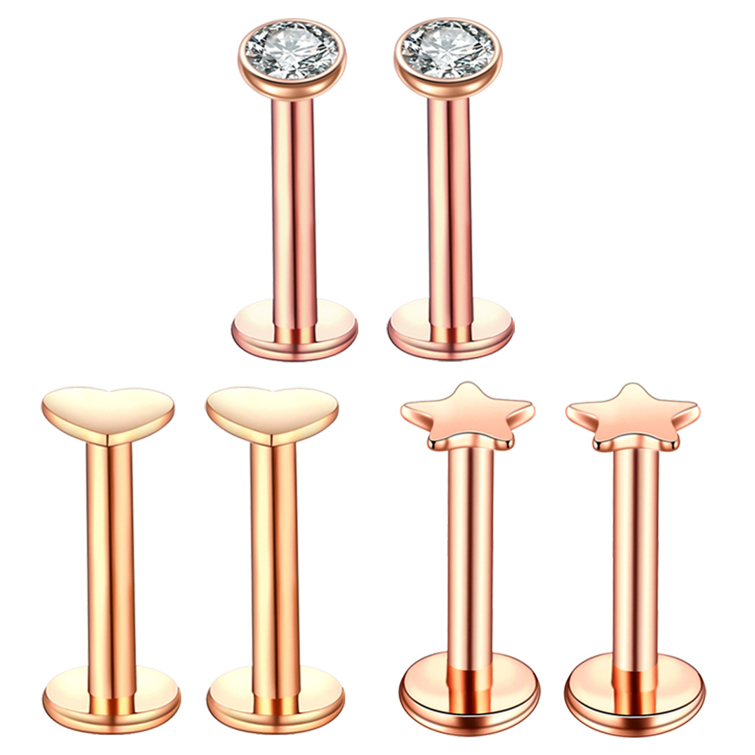 Leppepiercing i rustfritt stål med zirkonia hjerte og stjerne_voghion.com