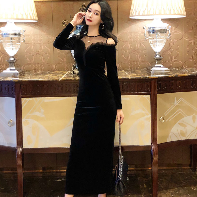 Annual Banquet Evening Dress Women's Long Autumn and Winter New Beaded Mesh Slim-fit Slim-fit Long-sleeved Velvet Dress