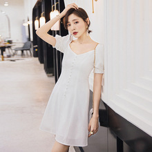 白色大V领灯笼袖收腰显瘦厌世冷淡风连衣裙女装包邮一件代发64974